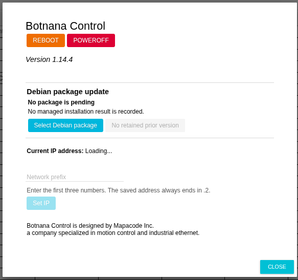 完成舊版升級後的 Botnana Control 1.14.4 ABOUT 頁面
